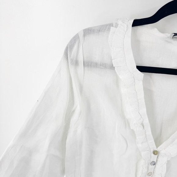 ✅ ANNE FONTAINE White Ruffled LINEN V-Neck Women's Top SIZE 42 (US 10) - Picture 3 of 9